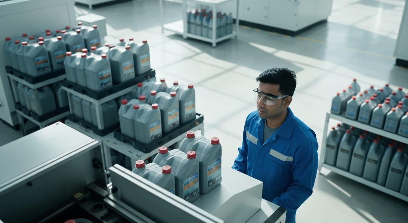 Industrial lubricants being poured into a container, symbolizing comprehensive solutions.