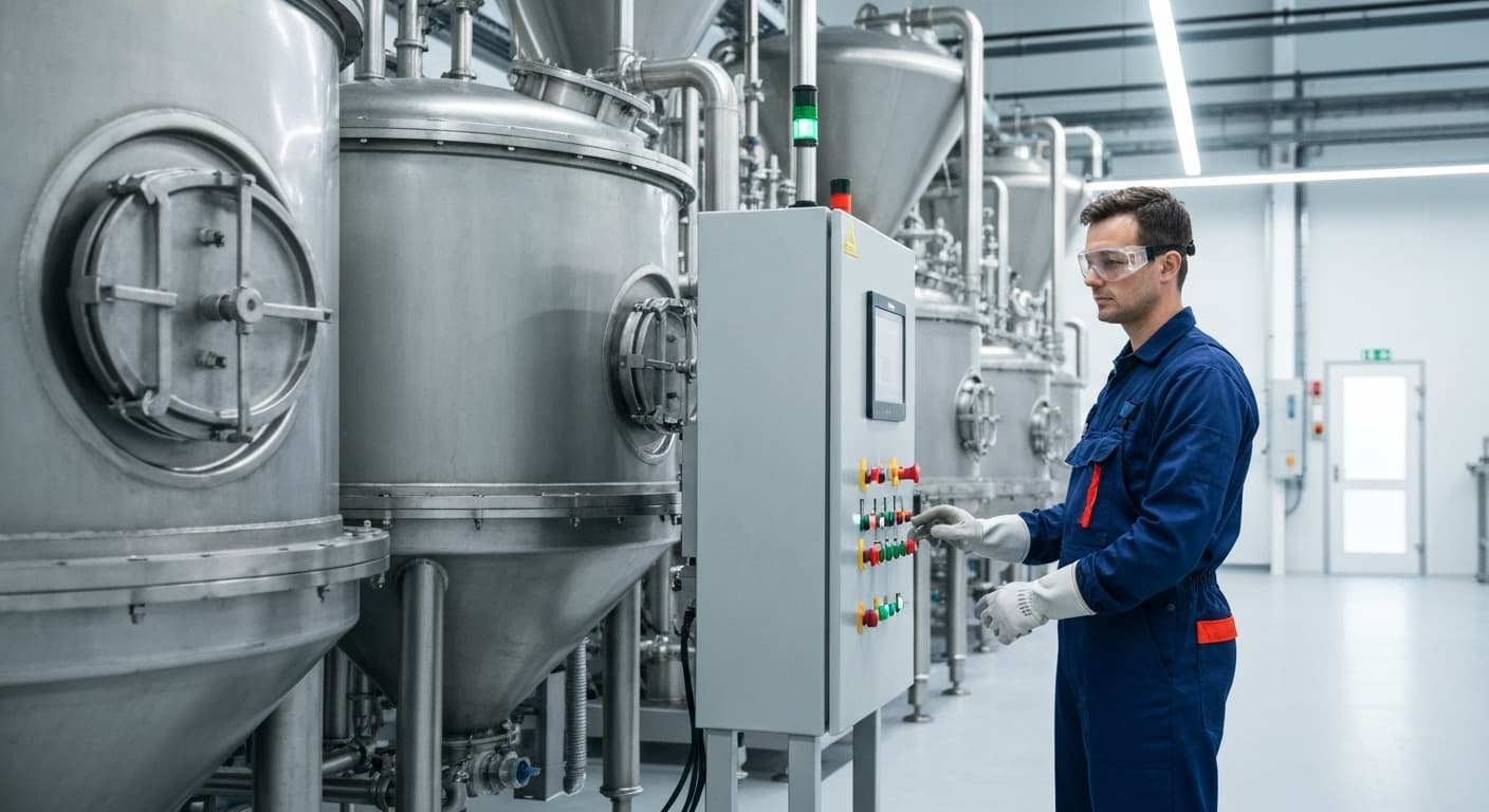 Industrial blending machinery with a skilled technician overseeing the process.