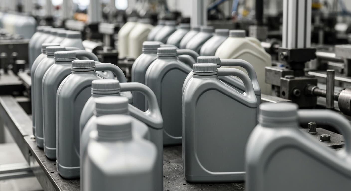 Unlabeled lubricant bottles and industrial containers on a production line